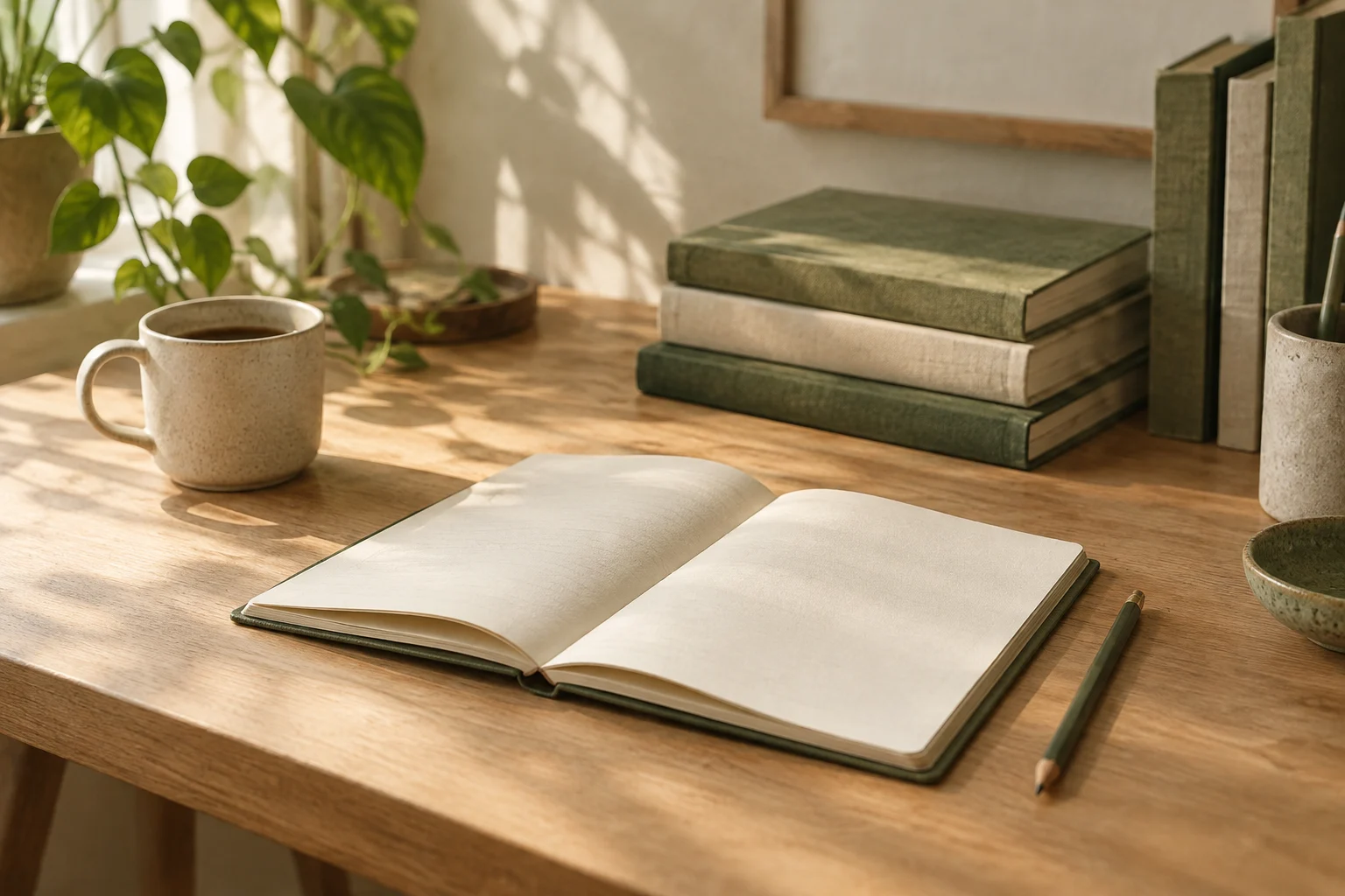 Ein geöffnetes Notizbuch, ein Bleistift und geschlossene Bücher liegen auf einem Tisch.
