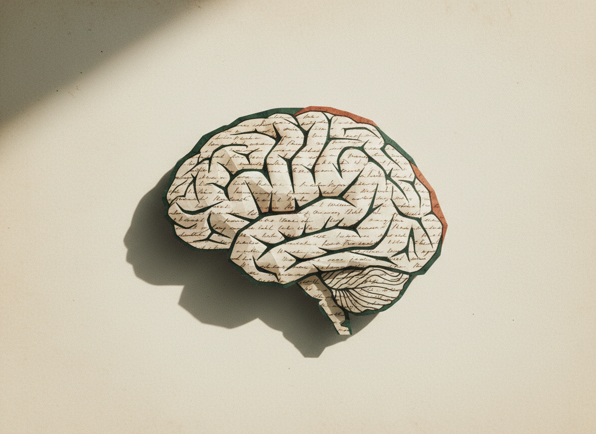 Ein redaktionelles Psychologie-Motiv für Papierkopf.com: eine stilisierte, anatomisch inspirierte Gehirnform aus Papier und feinen handschriftlichen Notizen, auf einem warmen papierweißen Untergrund. Keine Menschen, kein Tischtennis, keine Schrift die lesbar sein muss. Warme, leicht entsättigte Farben mit gedämpftem Dunkelgrün und Rostrot, weiches Tageslicht, matte Oberflächen, dezente analoge Körnung. Hochwertig, ruhig, wissenschaftlich und passend zum Designkonzept „Gedanken auf Papier“.